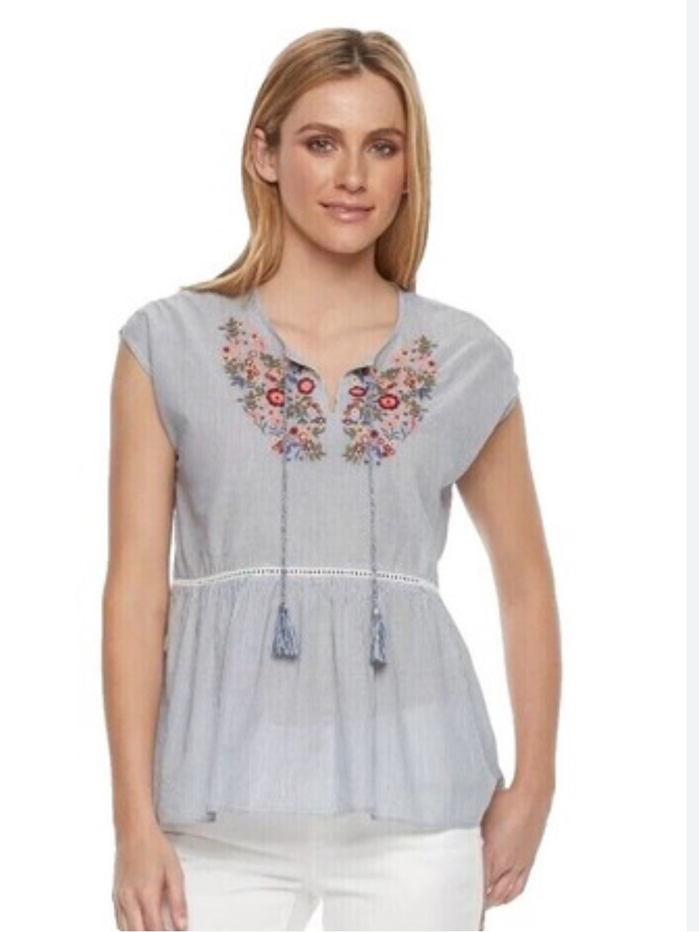 Sonoma blue white striped top with embroidery and tie at neck, 1X